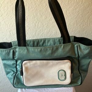 Coach: Teal & White (C3656) Court Tote Signature Nylon Bag- Silver Tone- mark